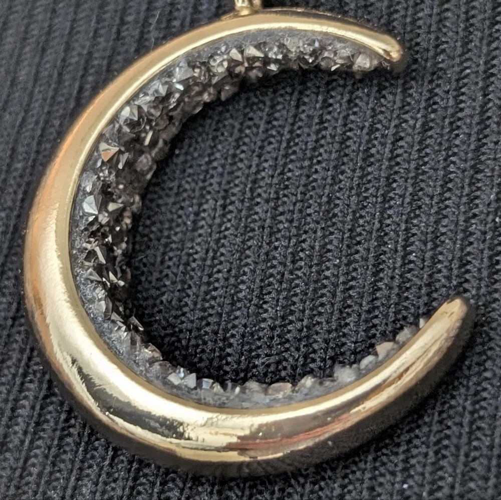 Crescent Moon Necklace, Gold Tone and Crystals - Picture 5 of 8